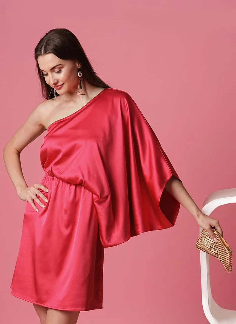 globus Globus Women One Shoulder Batwing Sleeve Satin A-Line Mini Party Dress